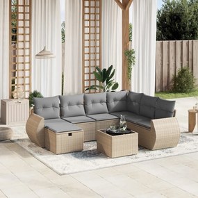 8 pcs conj. sofás jardim c/ almofadões vime PE bege misturado