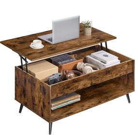 Mesa de centro 50 x 100 x 45/58,5 cm com tampo ajustável e compartimento oculto, castanho vintage e preto