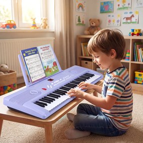 Teclado de piano portátil de 61 teclas com suporte para partituras, microfone, autocolantes de notas e bolsa - 58 x 18 x 5 cm - Roxo