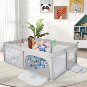 Parque infantil 206 x 147 x 68,5 cm com padrão Pinguim Tapete Centro de atividades Atóxico Bolas Transpirável Fecho de correr Cinza