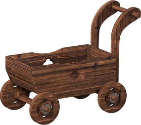 Outsunny Carrinho de Madeira Decorativo Vaso Elevado com 4 Rodas Pega Orifícios de Drenagem 68x38x52 cm Carbonizado | Aosom Portugal