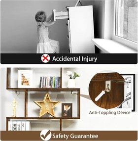 Estante decorativa em forma de S  80 x 23 x 191 cm com 6 prateleiras de madeira multifuncional para sala, quarto ou escritório Café