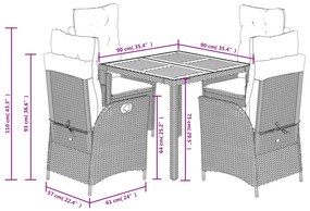 5 pcs conjunto de jantar p/ jardim c/ almofadões vime PE cinza