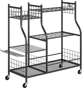 Outsunny Organizador de Ferramentas de Jardim em Aço de 3 Níveis, 74 Espaços, 4 Rodas, 11 Ganchos, 104x40x95cm, Preto | Aosom Portugal