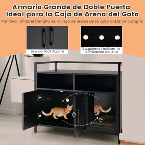 Caixa de areia oculta para gatos com portas de cartão para arranhar Armário de limpeza para animais de estimação com Estante 89 x 45 x 74,5 cm Preto