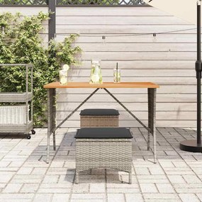 3 pcs conjunto de jantar p/ jardim c/ almofadões vime PE cinza