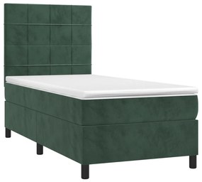 Cama box spring c/ colchão/LED 100x200 cm veludo verde-escuro