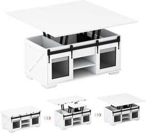 Mesa de centro 105 x 54 x 48,5 cm com tampo elevável estilo rústico, 2 portas deslizantes, 3 compartimentos ocultos, sala de estar, painel branco