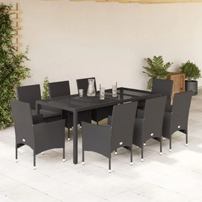 9 pcs conjunto jantar jardim c/ almofadões vime PE/vidro preto