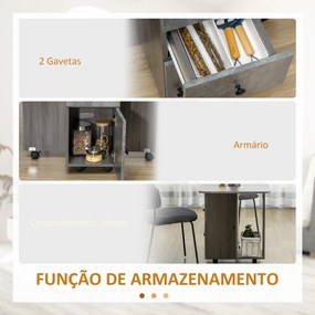 Mesa de Refeição Dobrável com Rodas 120x60x76,5 cm com 2 Gavetas e Armário Mesa Auxiliar Multifuncional Cinza