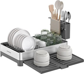 Escorredor de louça pequeno SONGMICS, secador de louça expansível para bancada de cozinha, escorredor de louça de aço inoxidável com suporte para utensílios, à prova de ferrugem, para pratos, facas, colheres, garfos, prata e cinza UKCS035G01