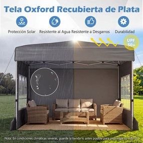 Tenda Dobrável de Exterior feiras, eventos, festas, 300 x 300 x 250-268 cm, 4 Paredes Removíveis e 4 sacos areia Cinzento