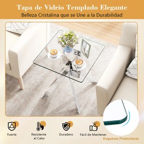 Mesa apoio de vidro 50 x 50 x 57 cm com tampo temperado e base metálica em X moderna para quarto ou sala de estar, prateada