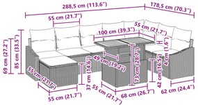 Conjunto de Jantar de Jardim de 9 Peças com Almofadas Cinza de Rattan
