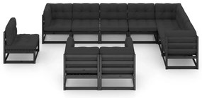 10 pcs conjunto lounge jardim c/ almofadões pinho maciço preto