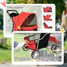 Carrinho para Cães Pequenos com Cesta de Armazenamento Suportes para Copos Rodas e Almofada Lavável 77x44x102 cm Vermelho
