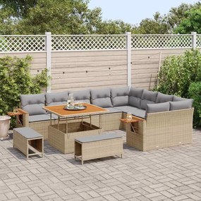 Conjunto de Sofá de Jardim de 12 Peças com Almofadas Bege Rattan Polié