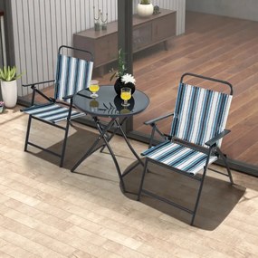 Conjunto de mesa dobrável de jardim e 2 cadeiras com tecido texteline respirável e estrutura de metal para quintal, piscina e varanda Riscas