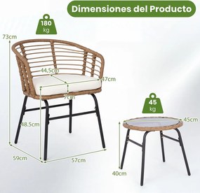 Conjunto jardim de rattan PE para exterior com almofadas macias, Estrutura metálica e tampo em vidro temperado para pátio ou terraço, cor bege