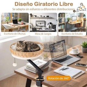 Cama-rede para gatos giratória de 360° para gatos 40,5 x 49,5 cm, em rattan, com almofada removível e bola suspensa, para secretária, escritório ou ca