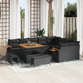 Conjunto de Sofás de Jardim de 12 Peças com Almofadas Rattan Preto Acácia