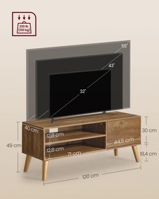 Móvel para TV baixo 120 x 40 x 49 cm de estilo Mid Century para televisores até 55 polegadas castanho