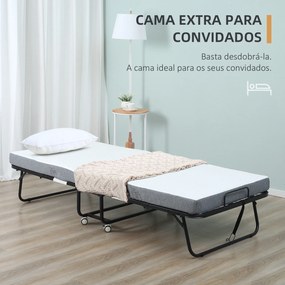 Cama Dobrável 200x75x42,5cm Cama de Campismo Portátil com Colchão Individual Rodas e Travões Carga Máxima 150kg Preta