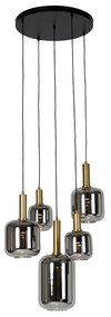 Candeeiro de suspensão preto com dourado com vidro fumê incl. 5 PUCC - Zuzanna