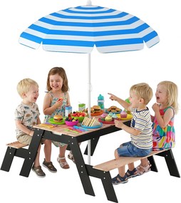 Mesa de piquenique infantil com guarda-sol, conjunto de jardim 3 em 1 em madeira para crianças dos 3 aos 6 anos com 2 caixas, natural