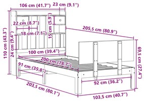 Cama com estante sem colchão 100x200 cm pinho maciço branco