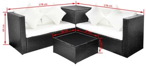 4 pcs conjunto lounge de jardim c/ almofadões vime PE preto