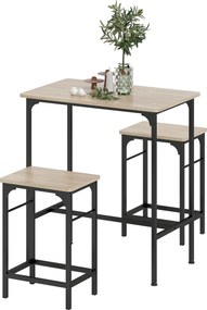 Conjunto de mesa de bar com 2 bancos, estrutura em aço para cozinha, sala de jantar e sala de estar, com efeito de madeira natural