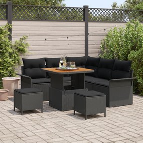 Conjunto de Sofá de Jardim de 8 Peças com Almofadas Preto Vime Poliést