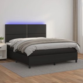 Cama box spring c/ colchão/LED 160x200cm couro artificial preto