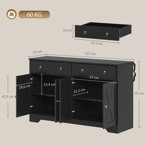 Aparador de Sala, 121 x 37 x 75 cm, Prateleiras Reguláveis em Altura, Preto