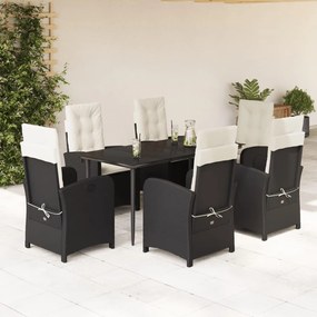 7 pcs conjunto de jantar p/ jardim c/ almofadões vime PE preto