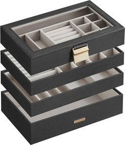 Caixa para joias de 4 níveis com tampa de vidro 17 x 28 x 18,3 cm Preta