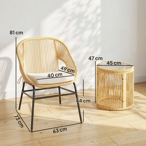 Conjunto de jardim, 3 peças: 2 poltronas confortáveis e mesa em vidro temperado, com almofadas com capas removíveis em bege
