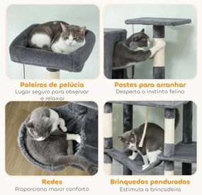Arranhador para Gatos 60x48x202 cm com Plataformas Plataformas Caverna Postes de Sisal Bolas e Corda para Brincar Cinza