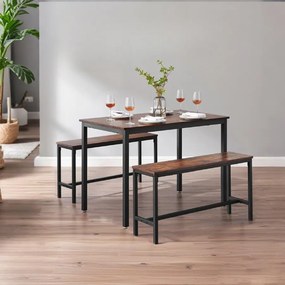 Conjunto de mesa de cozinha alta com 2 bancos corridos castanho Vintage -preto