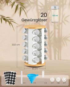 Estante giratória para especiarias,, 20 frascos 18 cm de diâmetro, 33,5 cm de altura branco e bege natural