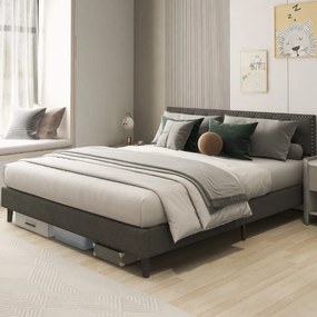 Estrutura Cama 200 x 180 cm em madeira estofada (Sem colchão), estrutura moderna com cabeceira acolchoada, botões para colchão, fácil montagem, cinza