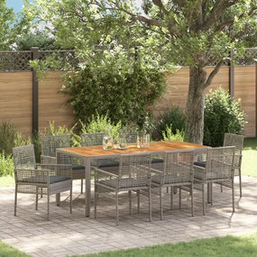 vidaXL Conjunto de Jantar de 9 Peças com Almofadas Cinza Rattan Poliéster