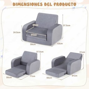 Sofá-cama 3 em 1 dobrável para crianças 50 x 43 x 37,5 cm, com veludo macio e capa elástica lavável na máquina, para sala de jogos ou quarto de bebé,