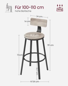 Conjunto de 2 bancos de bar 54 x 99 cm greige-preto
