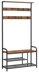 Cabideiro com banco para sapatos, 9 ganchos removíveis, estante superior | VASAGLE | 85 x 30 x 180,5 cm | castanho rústico e preto | HSR409B01.
