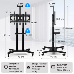 Suporte de TV de chão ajustável em altura com prateleira AV para TVs de 32 a 70 polegadas