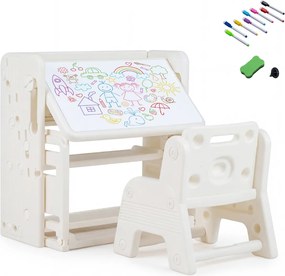 Conjunto de secretária e cadeira infantil com estantes laterais, cestos de arrumação, quadro branco apagável e estantes abertas para crianças a partir