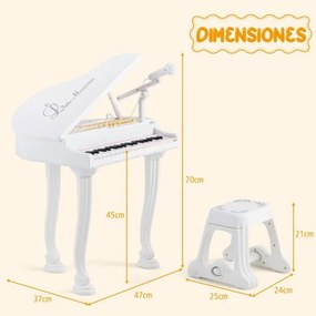 Piano Eletrónico para Crianças com 37 Teclas, Banco e Microfone LED, Modo de Ensino, Função de Gravação e Reprodução, Branco