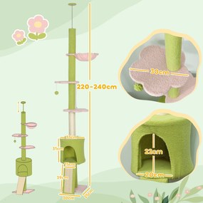 Arranhadores para gatos do chão ao teto, 5 níveis, altura ajustável de 220 a 240 cm, plataformas em forma de flor com arranhador, nicho e rede verde